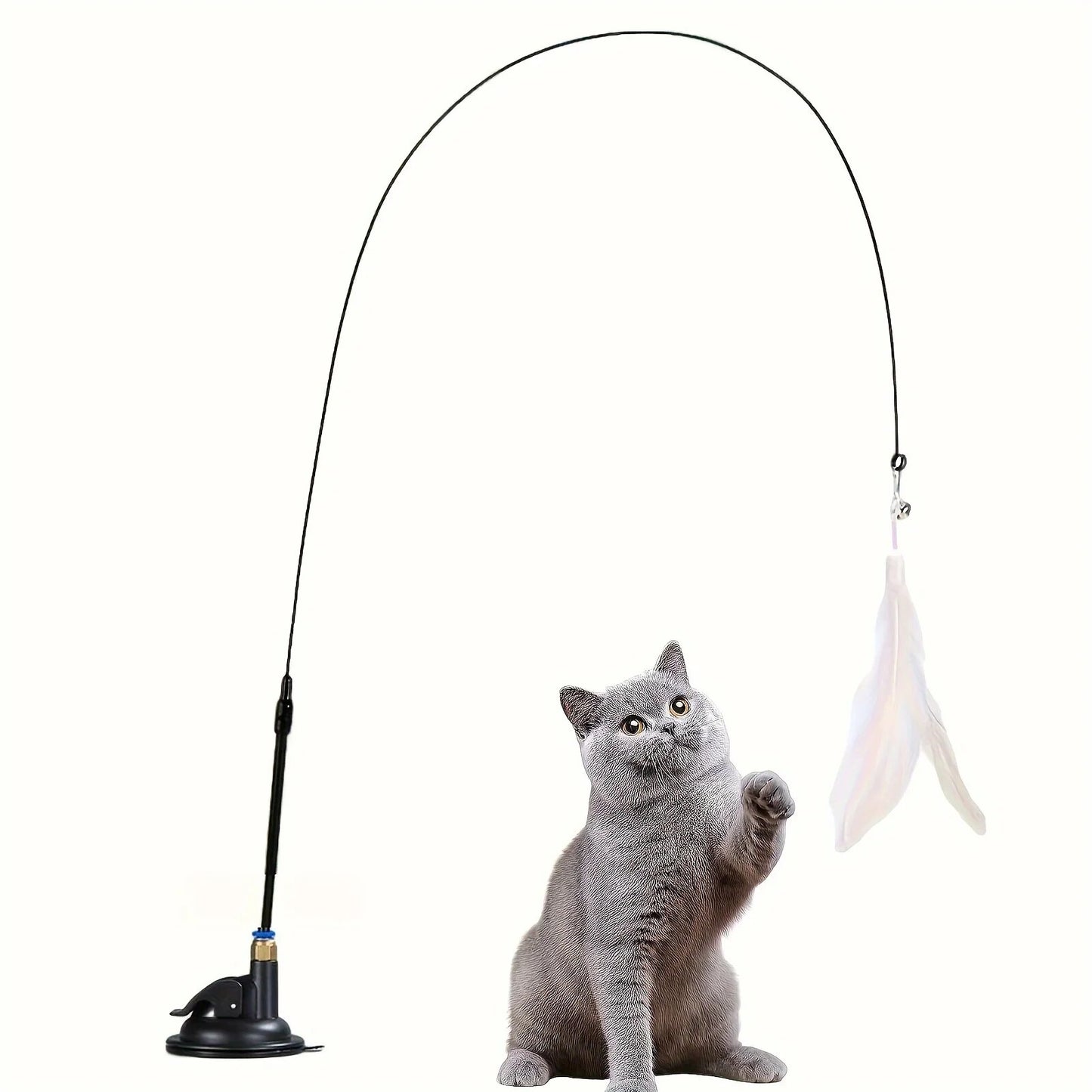 Interactive Cat Toy,Feather Wand with Bell & Long Suction Cup Pole,Stimulating Teaser Toy for Playful Kitten & Adult ca