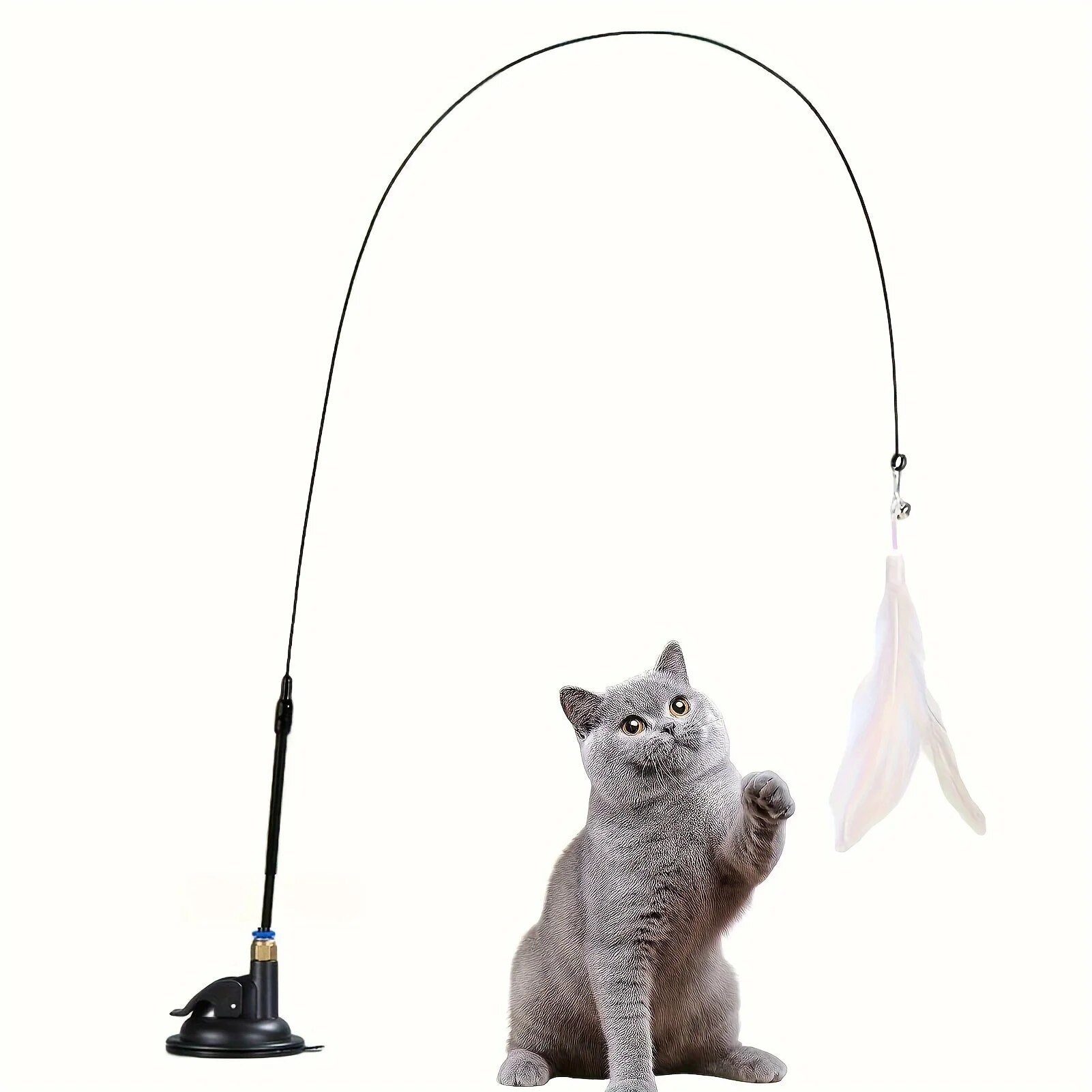 Interactive Cat Toy,Feather Wand with Bell & Long Suction Cup Pole,Stimulating Teaser Toy for Playful Kitten & Adult ca