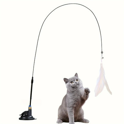 Interactive Cat Toy,Feather Wand with Bell & Long Suction Cup Pole,Stimulating Teaser Toy for Playful Kitten & Adult ca