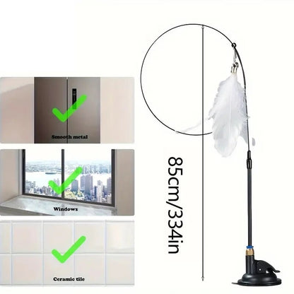 Interactive Cat ToyFeather Wand With Bell  Long Suction Cup PoleStimulating Teaser Toy For Playful  1