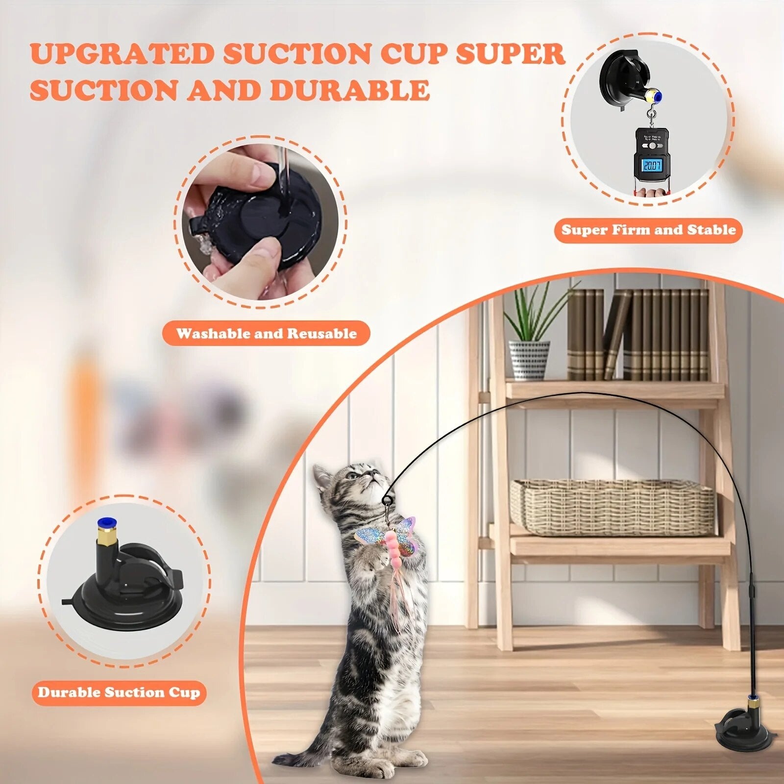 Interactive Cat ToyFeather Wand With Bell  Long Suction Cup PoleStimulating Teaser Toy For Playful  3