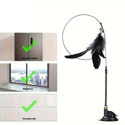 Interactive Cat ToyFeather Wand With Bell  Long Suction Cup PoleStimulating Teaser Toy For Playful  6
