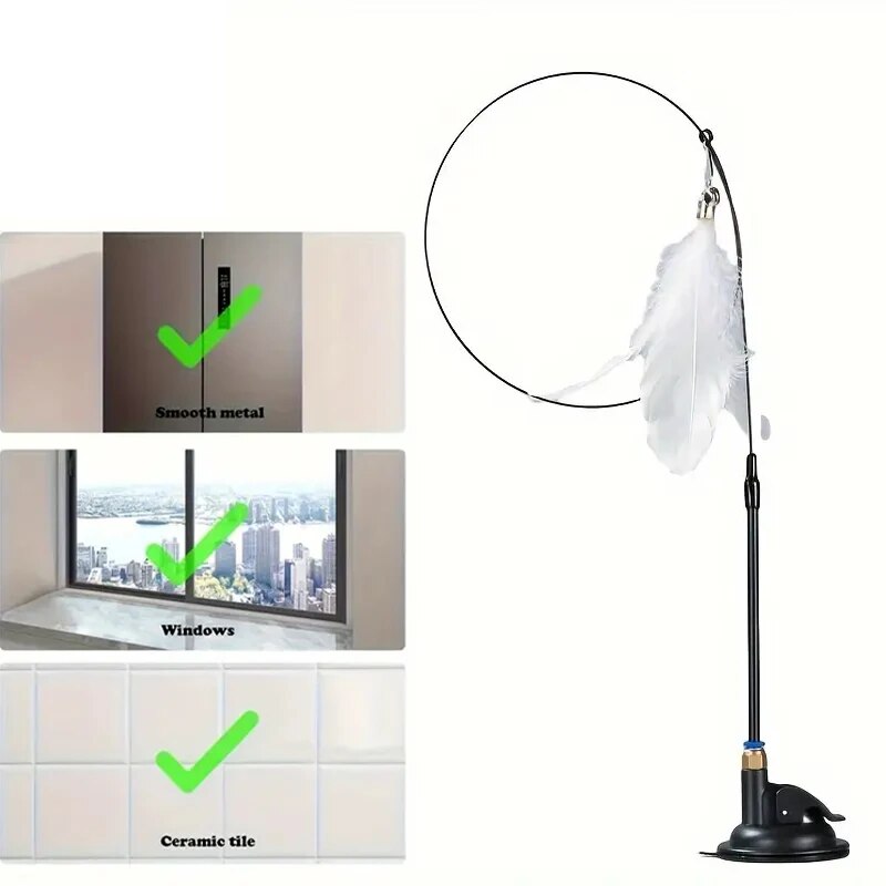 Interactive Cat ToyFeather Wand With Bell  Long Suction Cup PoleStimulating Teaser Toy For Playful  10