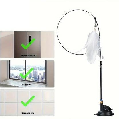 Interactive Cat ToyFeather Wand With Bell  Long Suction Cup PoleStimulating Teaser Toy For Playful  10