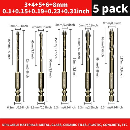 Cross Hex Tile Drill Bit Set, Tungsten Carbide Hard Alloy Bits for Glass, Concrete & Ceramic Tiles