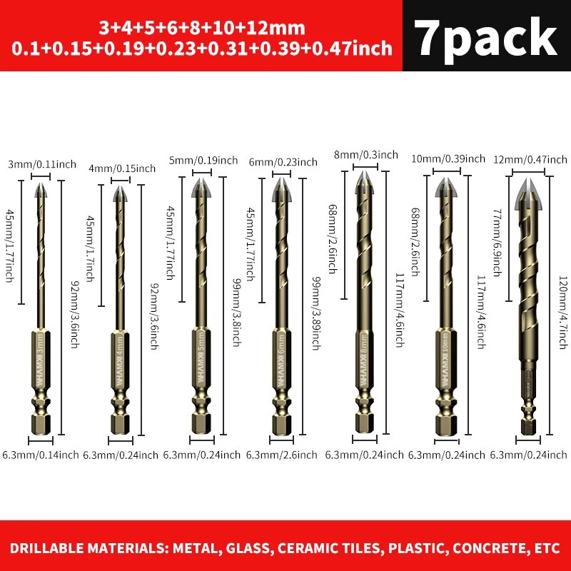 Cross Hex Tile Drill Bit Set, Tungsten Carbide Hard Alloy Bits for Glass, Concrete & Ceramic Tiles