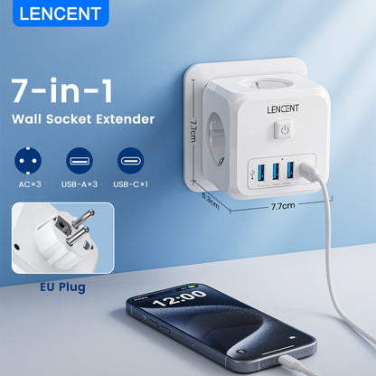 LENCENT Wall Socket Extender with 3 AC Outlets 3 USB Ports And1 Type C 7 in 1 EU Plug Charger On/Off Switch for Home