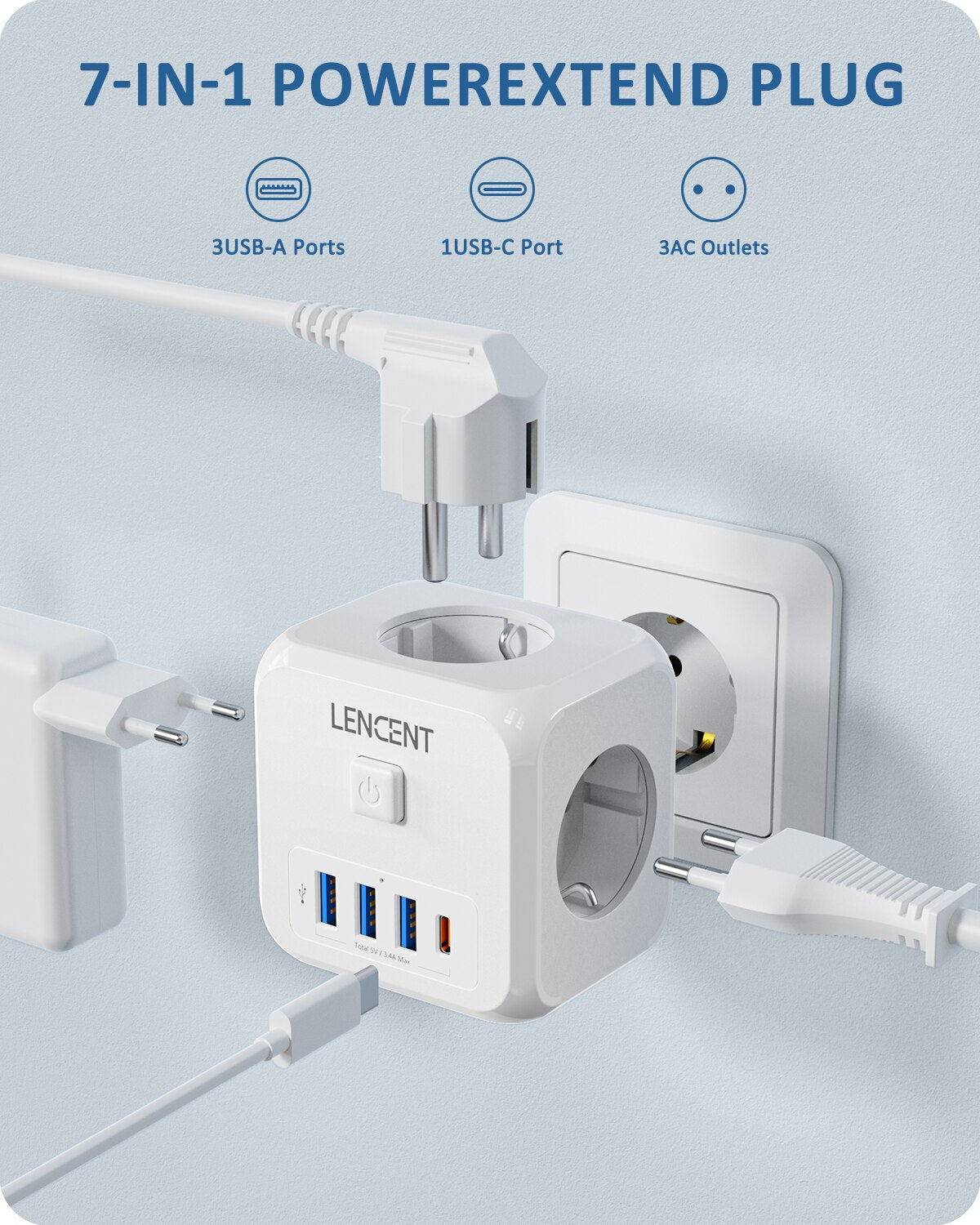 LENCENT Wall Socket Extender With 3 AC Outlets 3 USB Ports And1 Type C 7 In 1 EU Plug Charger OnOff 1