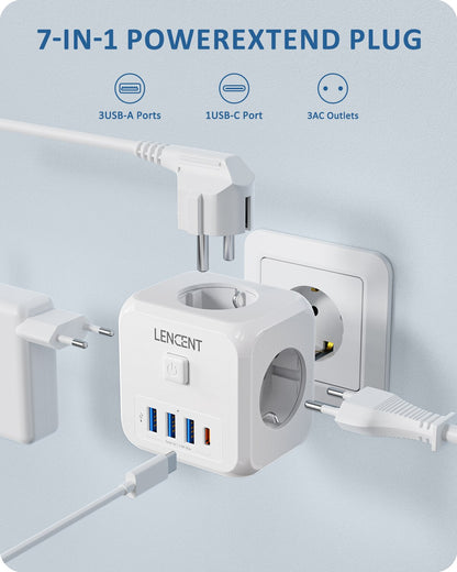 LENCENT Wall Socket Extender With 3 AC Outlets 3 USB Ports And1 Type C 7 In 1 EU Plug Charger OnOff 1