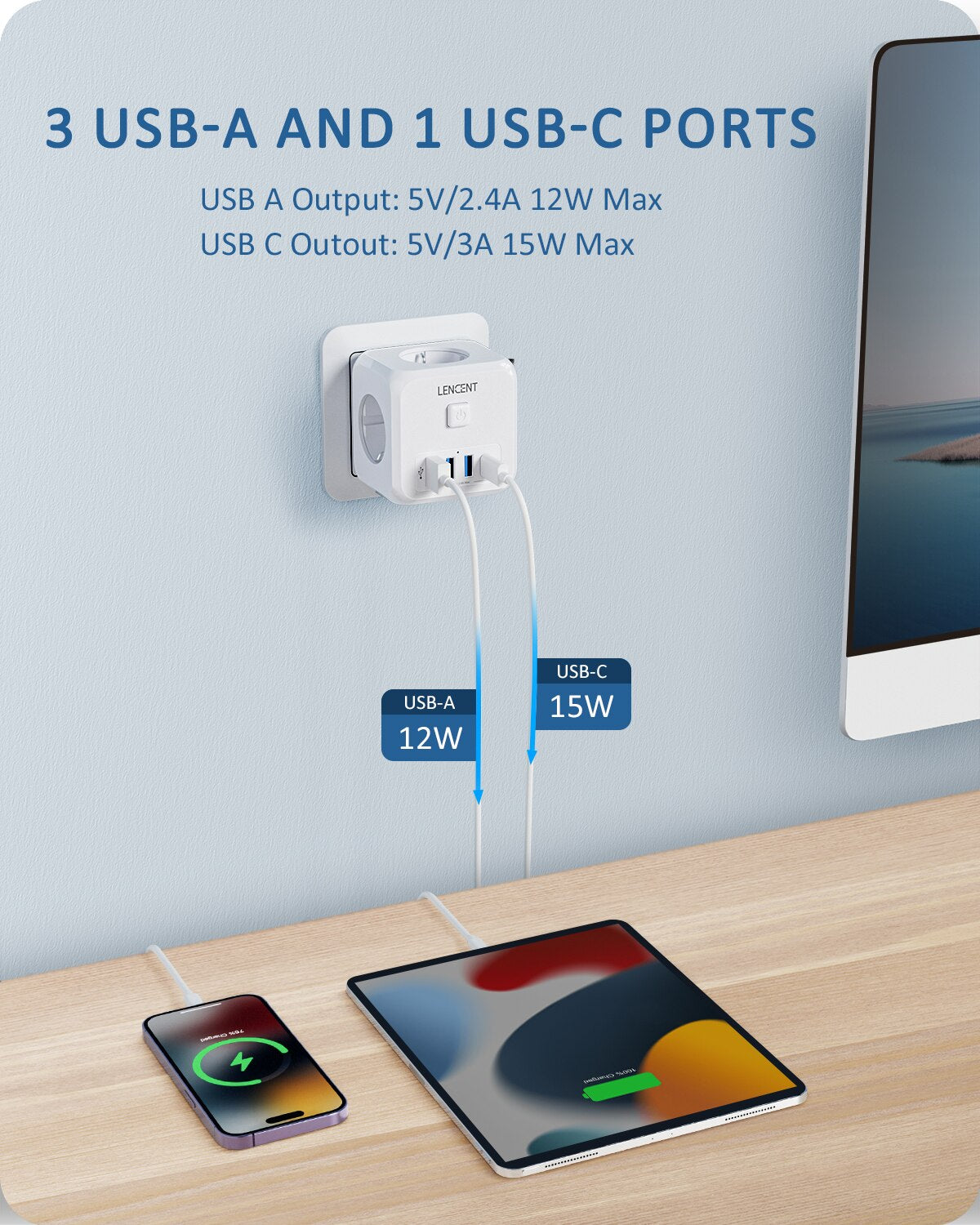 LENCENT Wall Socket Extender With 3 AC Outlets 3 USB Ports And1 Type C 7 In 1 EU Plug Charger OnOff 3