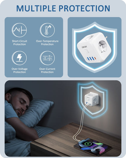 LENCENT Wall Socket Extender With 3 AC Outlets 3 USB Ports And1 Type C 7 In 1 EU Plug Charger OnOff 4