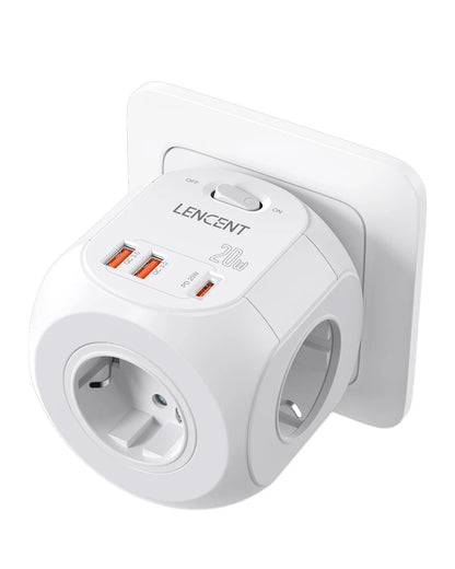 LENCENT Wall Socket Extender With 3 AC Outlets 3 USB Ports And1 Type C 7 In 1 EU Plug Charger OnOff 8