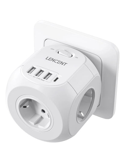 LENCENT Wall Socket Extender With 3 AC Outlets 3 USB Ports And1 Type C 7 In 1 EU Plug Charger OnOff 9