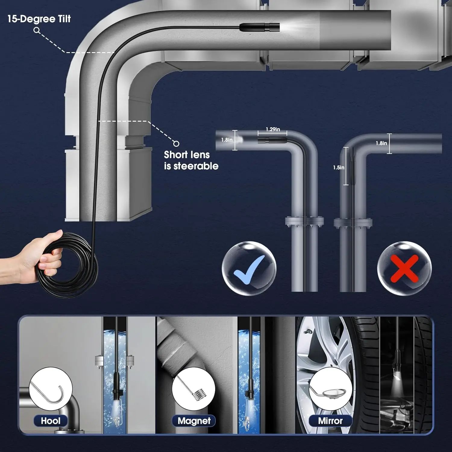 Industrial Endoscope Camera IPS Screen Borescope IP67 Waterproof 8 LED Inspection Scope For Pipe Au 5