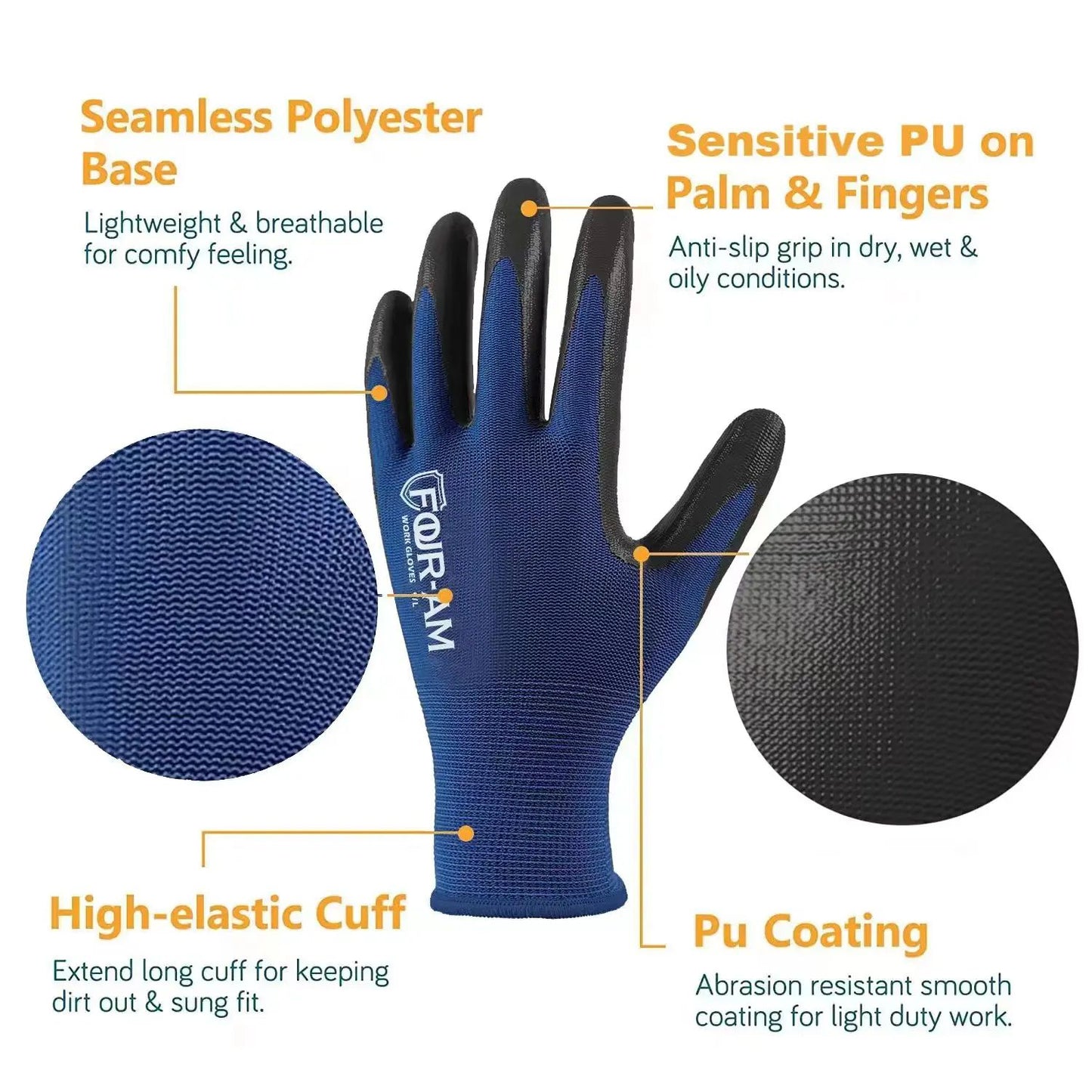 UltraThin PU Coated Safety Work Gloves Black Nylon Shell With Polyurethane Grip Knit Wrist Cuff Ind 1