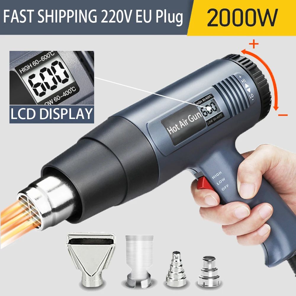 Digital Display Electric Heat Gun Air Dryer, Industrial Hot Air Gun for Car Wrapping, Shrink Film, Electronics Soldering