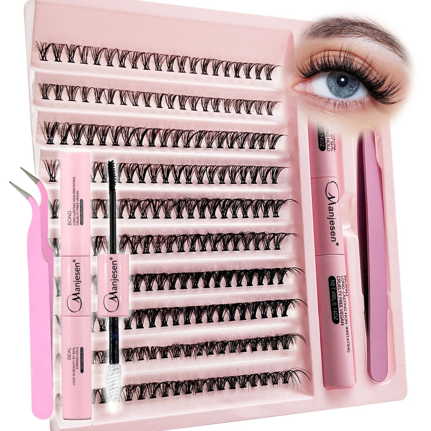 Lash Extension Kit, Cluster Eyelashes with Bond and Seal, Complete Home Eyelash Extension Set with Applicator Tools