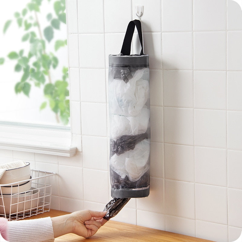 Grey Mesh Bag Dispenser Wall Mount Storage Pouch for Plastic Bags,Trash Bags & Sundries | Space-Saving Kitchen Organizer