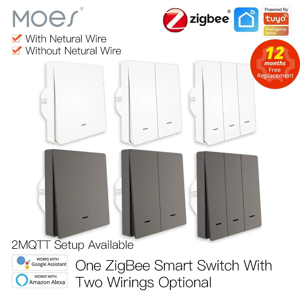 Smart Light Switch Tuya No Neutral Wire Required, 2/3-Way Multi-Control, Compatible with Smart Life App, Google Home