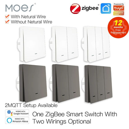 Smart Light Switch Tuya No Neutral Wire Required, 2/3-Way Multi-Control, Compatible with Smart Life App, Google Home