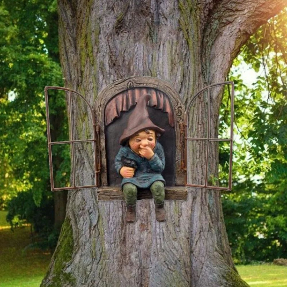 Creative Garden Elf Tree Hug Statue, Enchanting Resin Decoration for Outdoor Spaces, Courtyard, Porch, and Garden