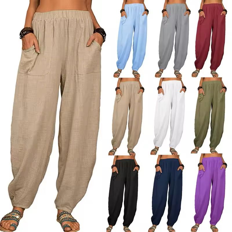 Womens Cotton Linen Harem Pants with Pockets and Elastic Waist