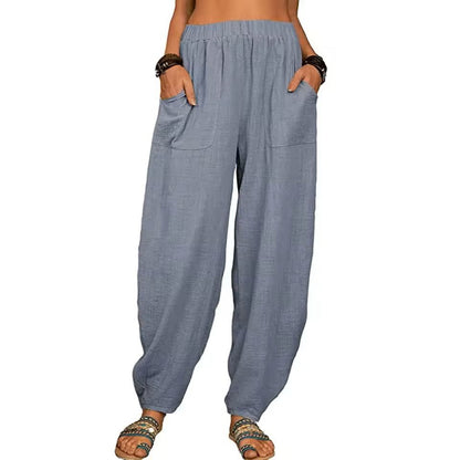 Womens Cotton Linen Harem Pants With Pockets And Elastic Waist 4