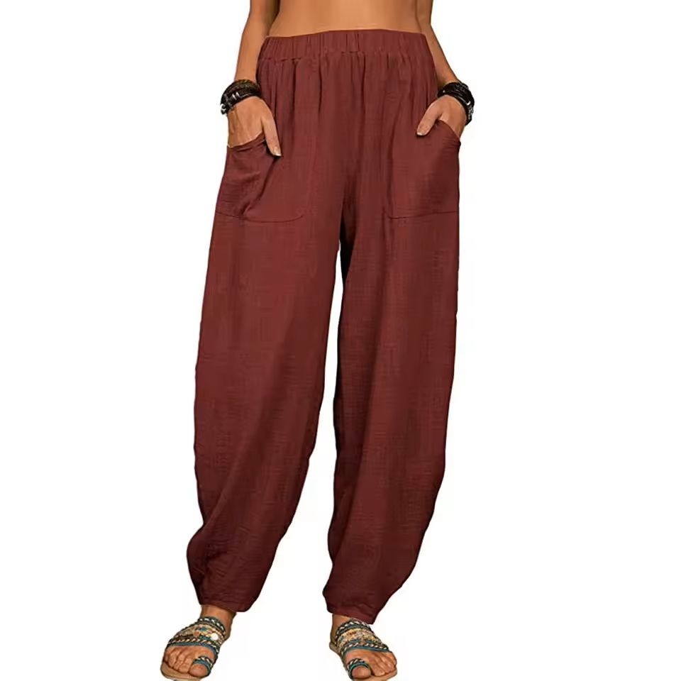 Womens Cotton Linen Harem Pants With Pockets And Elastic Waist 6