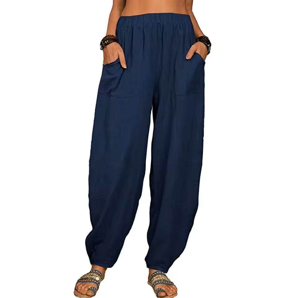 Womens Cotton Linen Harem Pants With Pockets And Elastic Waist 8