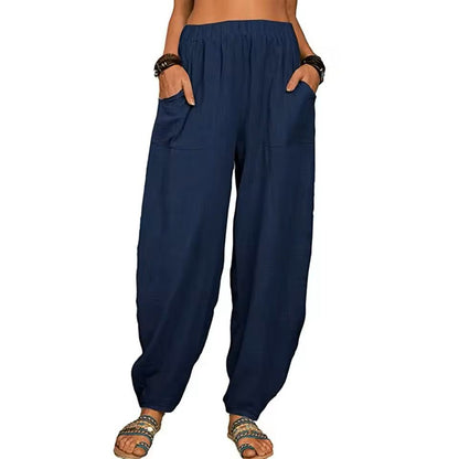 Womens Cotton Linen Harem Pants With Pockets And Elastic Waist 8