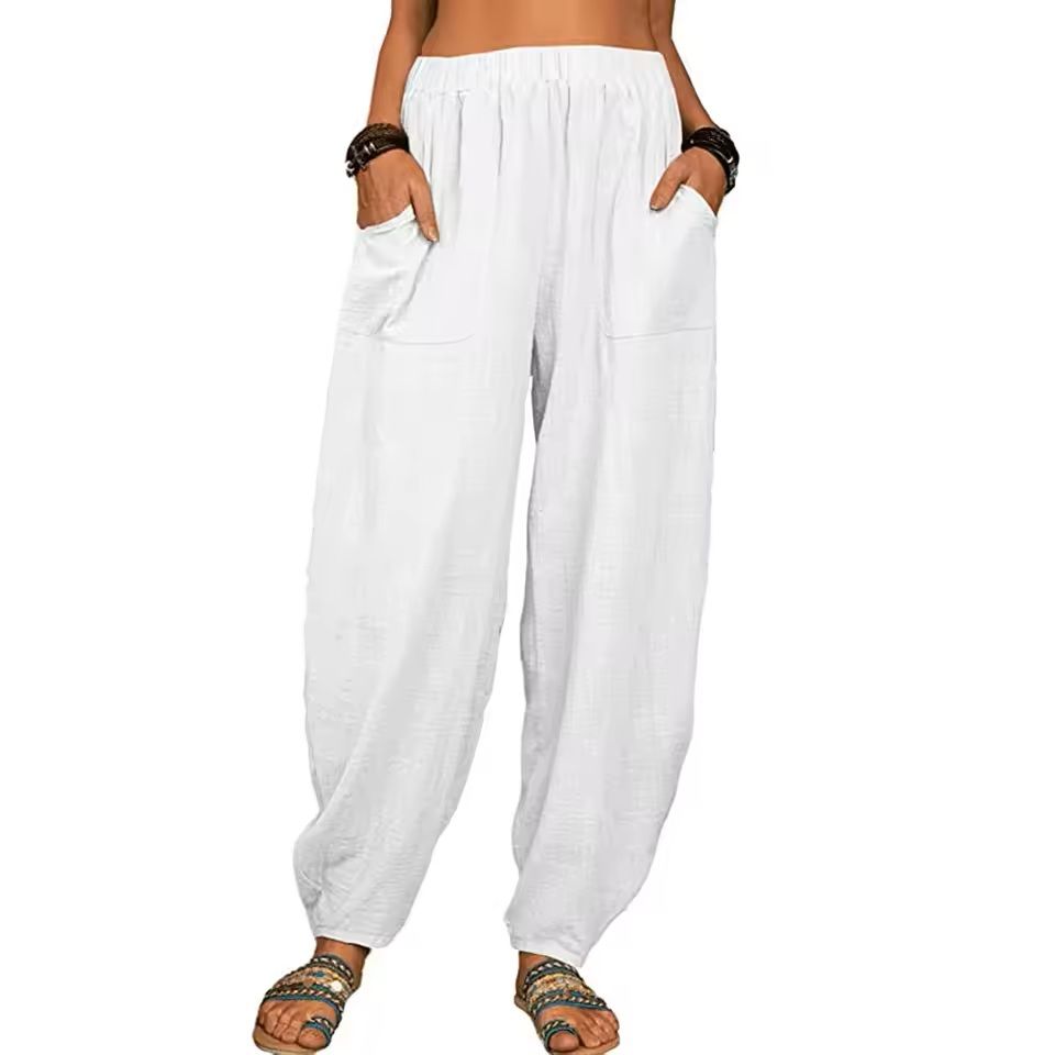 Womens Cotton Linen Harem Pants With Pockets And Elastic Waist 10
