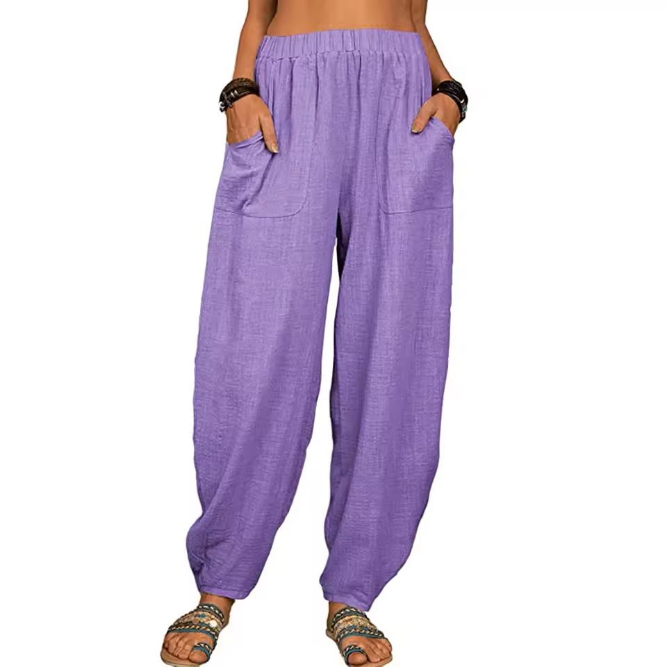 Womens Cotton Linen Harem Pants With Pockets And Elastic Waist 12