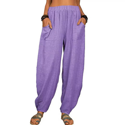 Womens Cotton Linen Harem Pants With Pockets And Elastic Waist 12