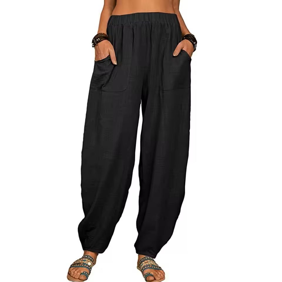Womens Cotton Linen Harem Pants With Pockets And Elastic Waist 14