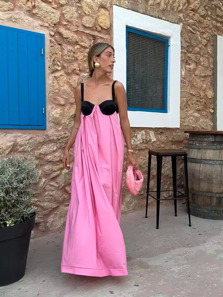 Womens Backless Lace Up Maxi Dress with Spaghetti Straps
