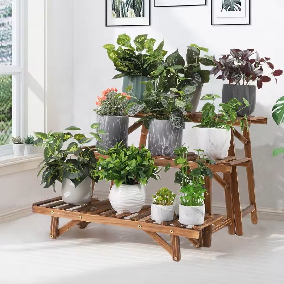 3Tier Wooden Ladder Plant Stand – Indoor Outdoor Freestanding Shelf for Pots and Decor