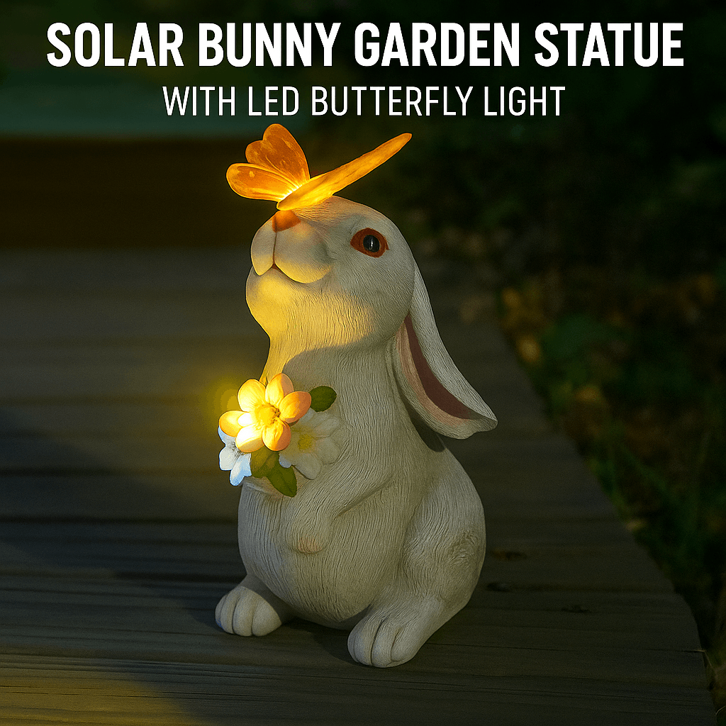 Solar Bunny Garden Statue With LED Butterfly Light  Resin Rabbit Figurine For Outdoor Decor 0