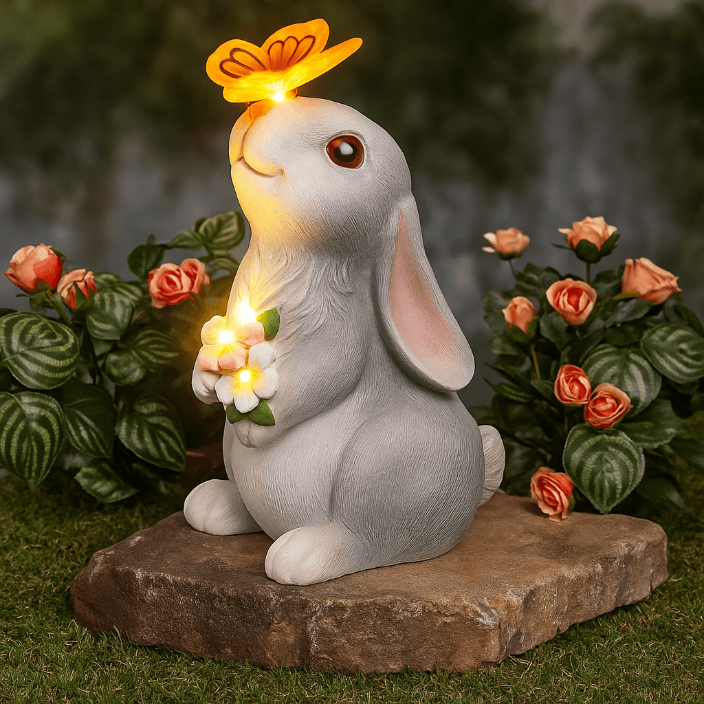 Solar Bunny Garden Statue with LED Butterfly Light – Resin Rabbit Figurine for Outdoor Decor