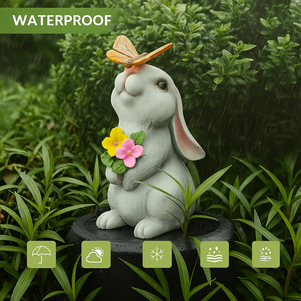 Solar Bunny Garden Statue With LED Butterfly Light  Resin Rabbit Figurine For Outdoor Decor 2