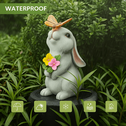 Solar Bunny Garden Statue With LED Butterfly Light  Resin Rabbit Figurine For Outdoor Decor 2