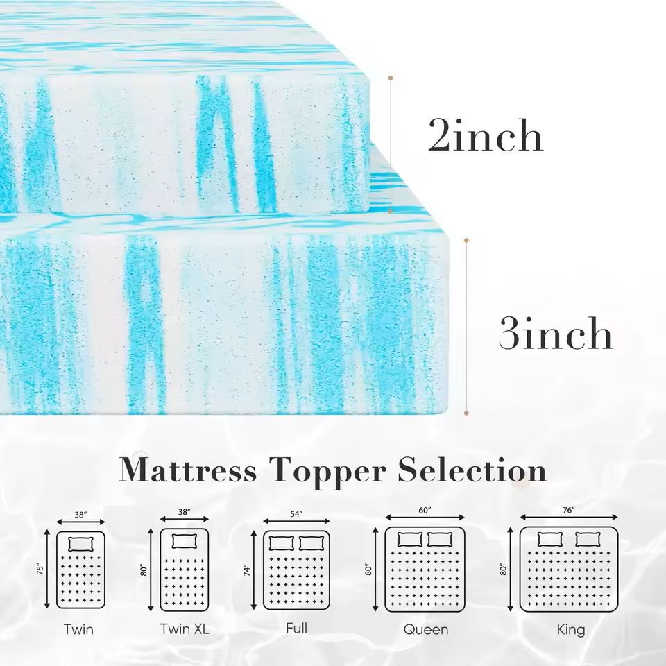 Gel Memory Foam Mattress Topper Full Size 2 Or 3 Inch Cooling Breathable Bed Layer 7