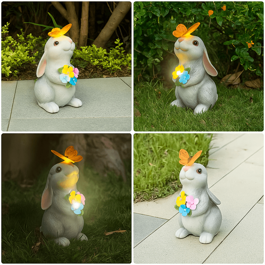 Solar Bunny Garden Statue With LED Butterfly Light  Resin Rabbit Figurine For Outdoor Decor 3