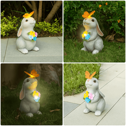 Solar Bunny Garden Statue With LED Butterfly Light  Resin Rabbit Figurine For Outdoor Decor 3