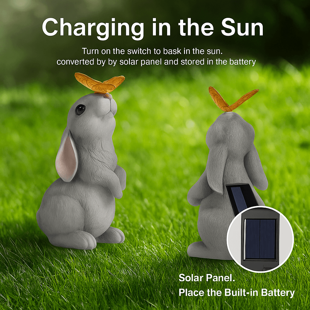 Solar Bunny Garden Statue With LED Butterfly Light  Resin Rabbit Figurine For Outdoor Decor 4