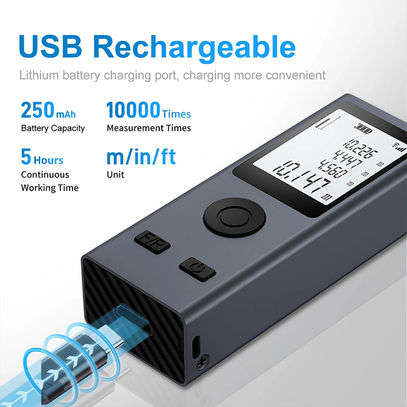Digital Laser Tape Measure 30m/50m, USB Charge, Aluminum Body