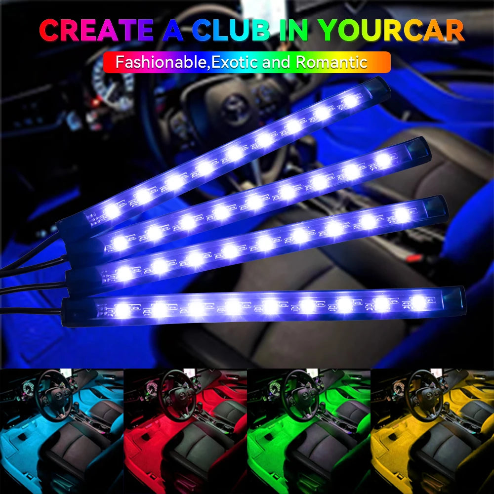 RGB Car LED Interior Lights Wireless Remote & Music Sync, USB Powered Ambient Footwell Lighting for Custom Car Decor