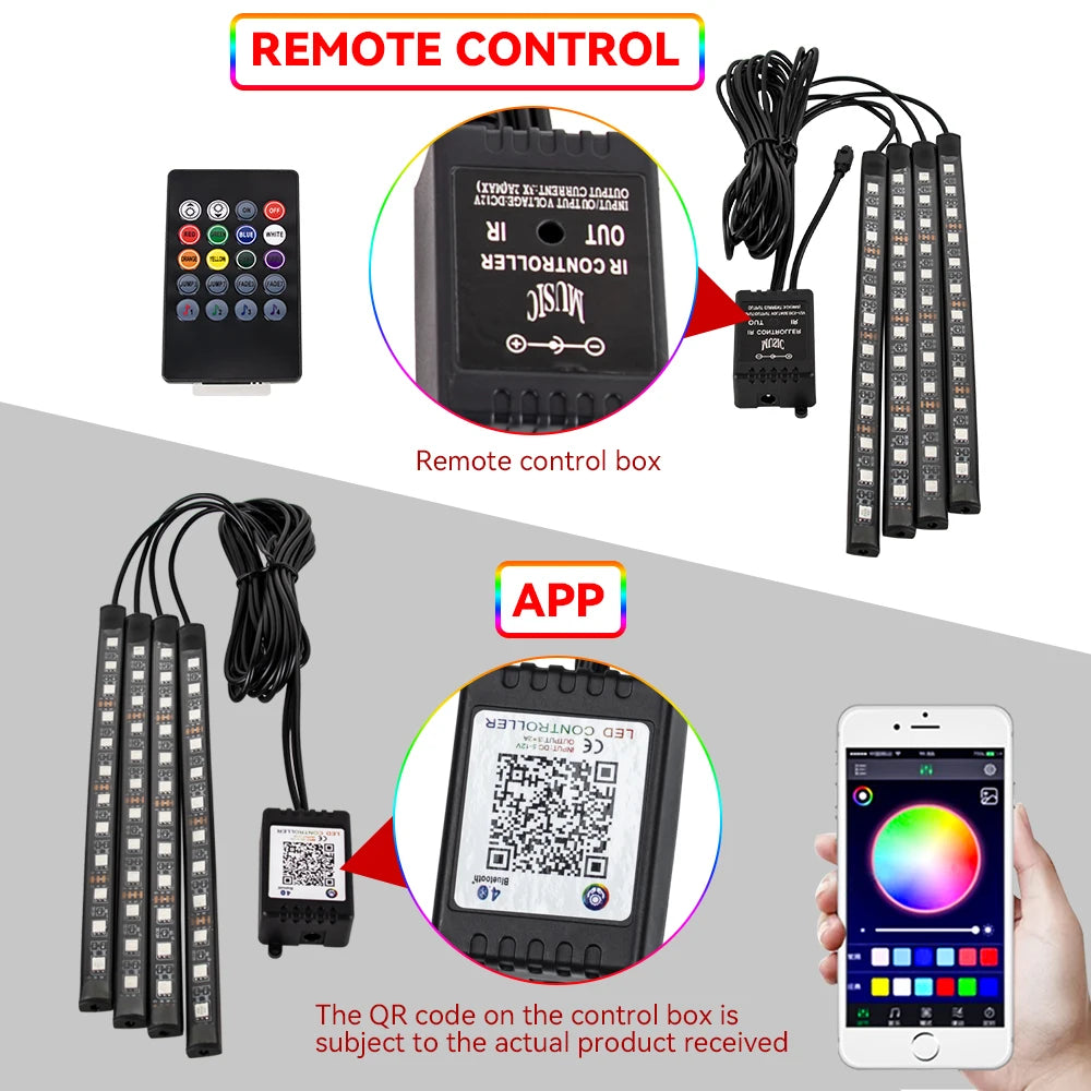 RGB Car LED Interior Lights Wireless Remote & Music Sync, USB Powered Ambient Footwell Lighting for Custom Car Decor