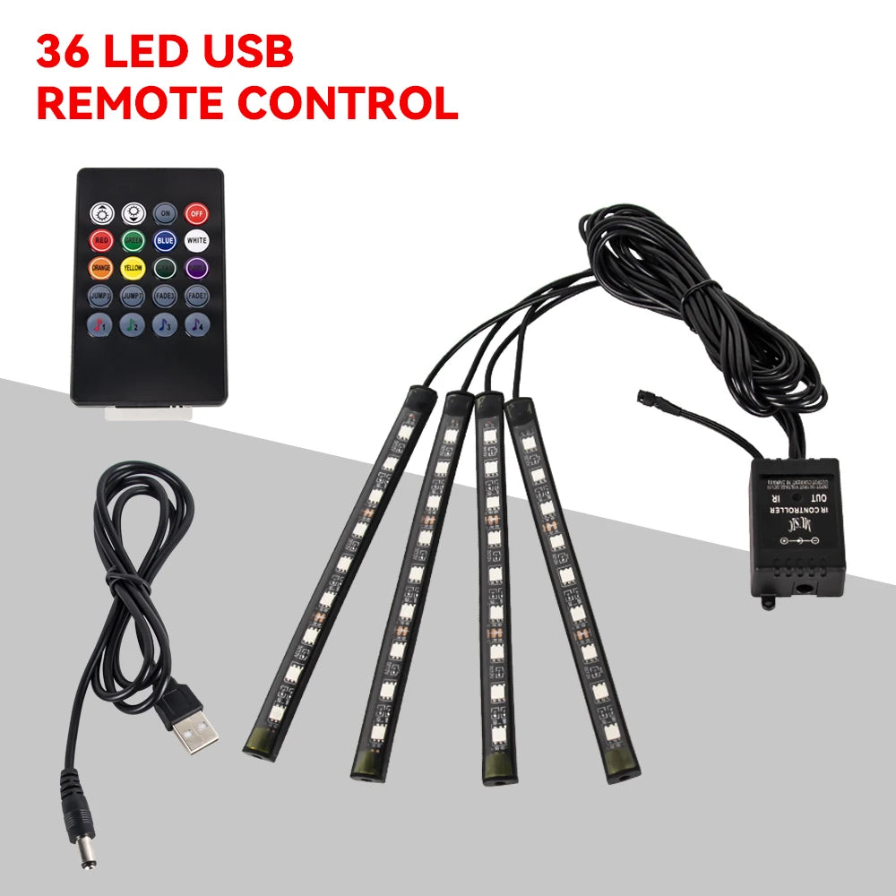 RGB Car LED Interior Lights Wireless Remote & Music Sync, USB Powered Ambient Footwell Lighting for Custom Car Decor