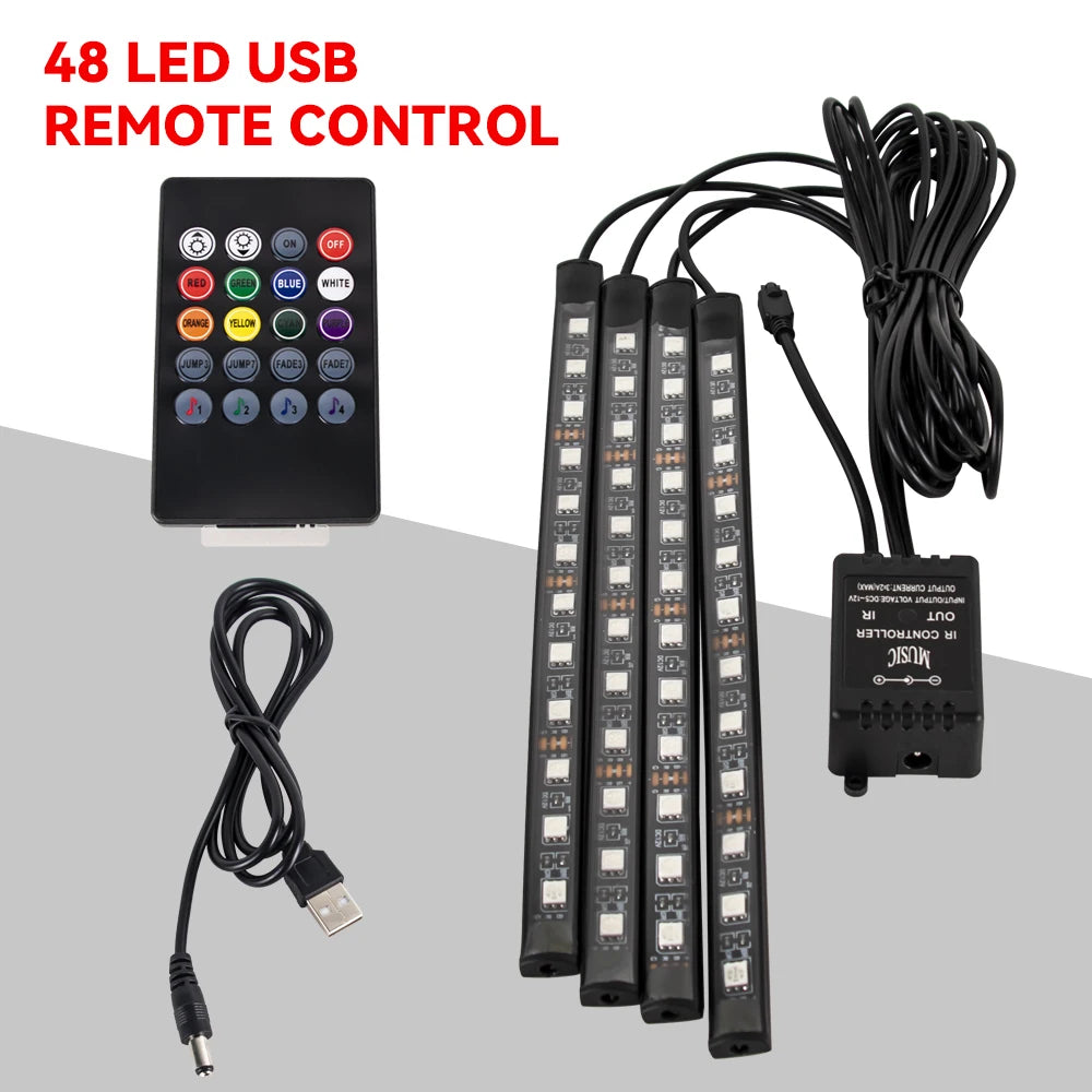 RGB Car LED Interior Lights Wireless Remote & Music Sync, USB Powered Ambient Footwell Lighting for Custom Car Decor