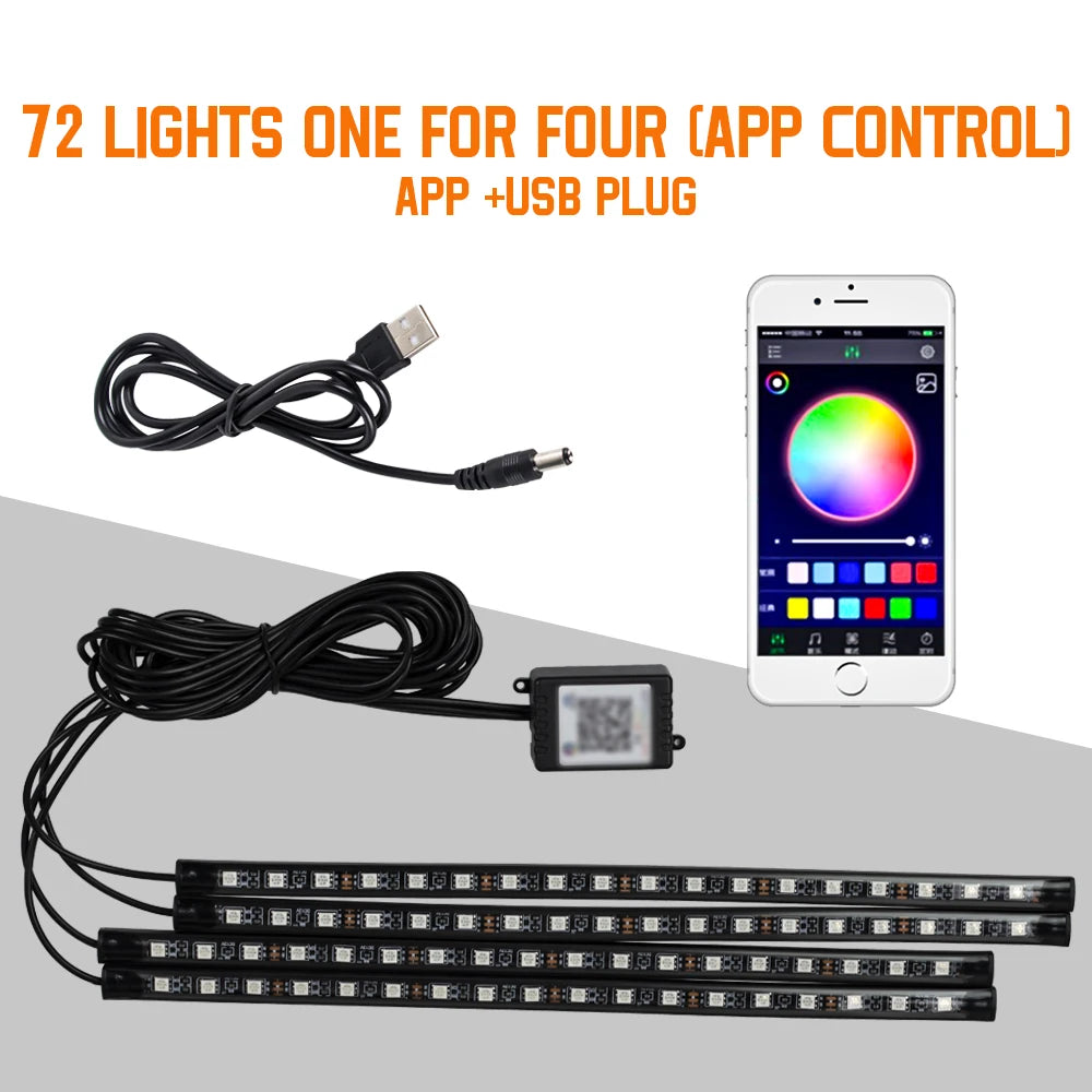 RGB Car LED Interior Lights Wireless Remote & Music Sync, USB Powered Ambient Footwell Lighting for Custom Car Decor